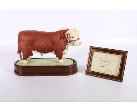 Royal Worcester porcelain model of a Hereford Bull modelled by Doris Lindner on wooden plinth base with certificate of authen