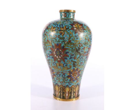 18th Century Chinese cloisonne Mei Ping vase, gilt metal keyfret banding to the neck and foot with scrolling flower head deco