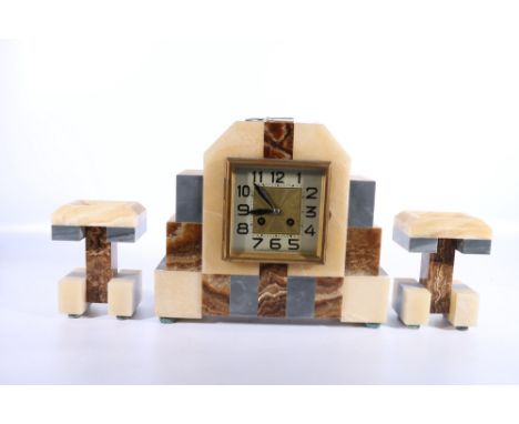French Art Deco mantle clock garniture, "A La Reine Blanche 35 Anue des Gobelins", 28cm tall 