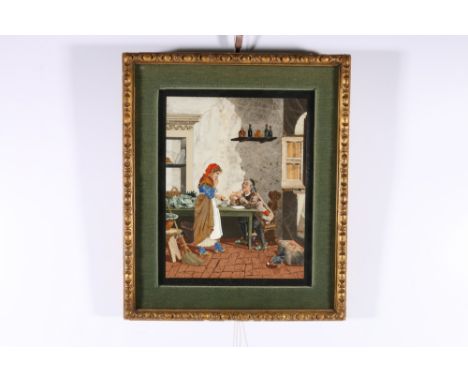 19th century Italian Florentine pietra dura panel depicting interior scene with figures and chicken, 29cm x 21cm  Condition R
