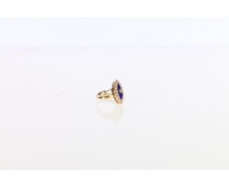 Unhallmarked yellow metal diamond seed pearl and enamel navette shaped dress ring, ring size K, 6.2g Untested yellow metal.  