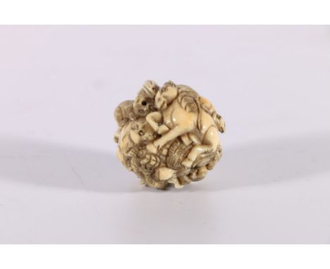 Chinese early 20th century carved ivory ball netsuke, depicting the signs of the Chinese zodiac, 3.5cm 