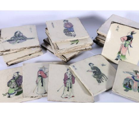 Group of 37 early 20th Century Chinese famille rose tiles, sixteen of which are decorated with figures and characters the rem