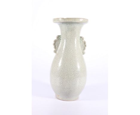 Chinese mid 20th century crackleware celadon glazed vase with flaring neck and faux scroll handles, 29cm 