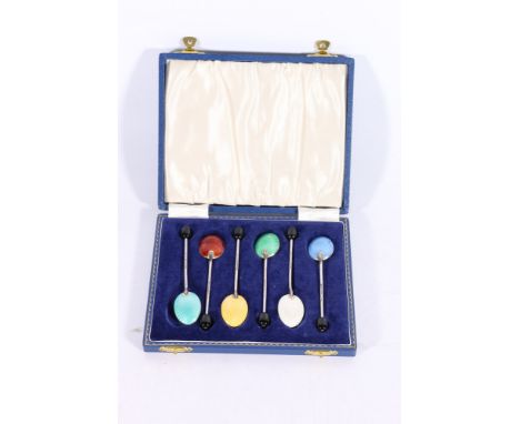 Set of six silver and enamel coffee spoons by Henry Clifford Davis Birmingham 1964 in fitted case. No obvious significant iss