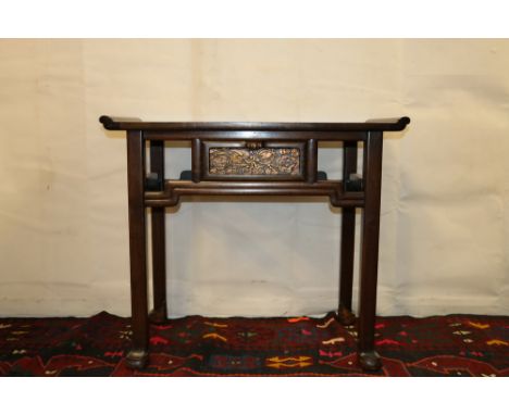 Chinese early 20th century side table, the rectangular top with up swept edges to the sides, single&nbsp; carved and gilded f