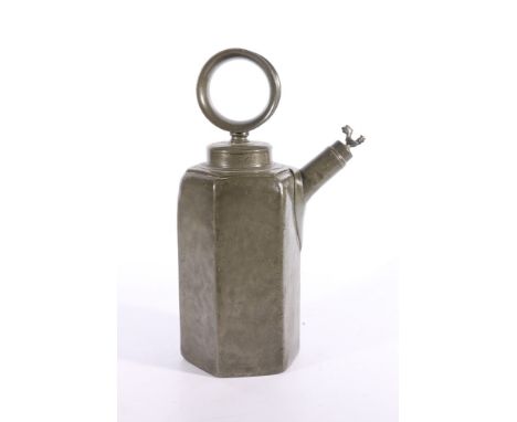 18th century pewter ewer flask with engraved decoration "HGS 1743 cross and birds", penned to base "from castle Windeyg made 