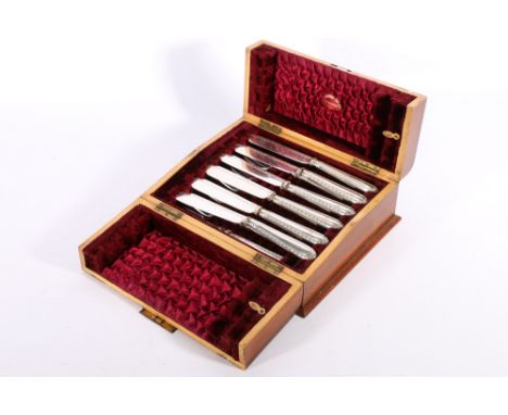 Cased set of six silver plated fish knives and forks in mahogany and inlaid case bearing the label R Drummond &amp; Son Stirl