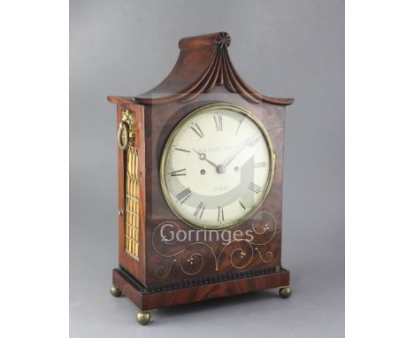 An early 19th century brass inlaid mahogany table clock, William North, York, the pagoda case with brass foliate inlay over r