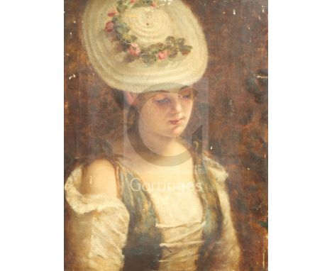 19th century English Schooloil on canvasPortrait of a pensive young woman with rose decorated bonnet14 x 10.5in.