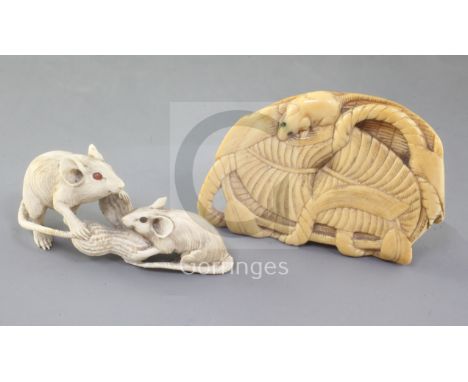 A Japanese ivory okimono of rats and an ivory netsuke of rats on a mat, 19th/early 20th century, both unsigned, 7 and 8cm lon