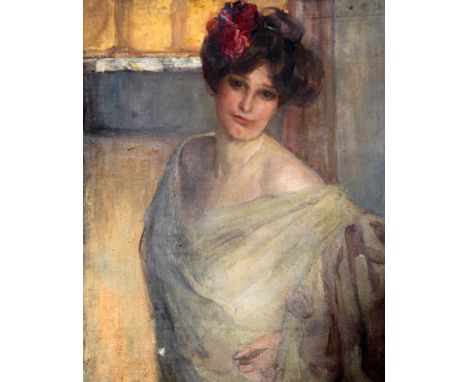 Albert de Belleroche (1864-1944)unstretched oil on canvasPortrait of a young lady with flowers in her hair32 x 26in.