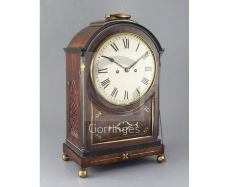 An early 19th century mahogany brass inlaid single pad topped bracket clock, with 8 inch repainted Roman dial and blued steel