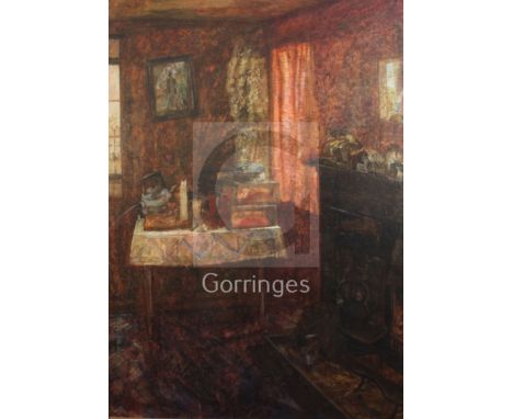 § Victoria Crowe (Scottish b.1945)oil on board'Curtain Light'inscribed verso, Routen Gallery label verso47.5 x 35.5in.