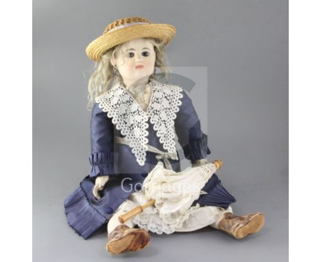 A Rabery et Delphieu bisque headed doll, marked 'R 2 D', with pale blue fixed eyes, closed mouth and pierced ears, compositio