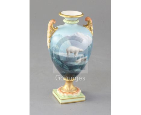 A Royal Worcester vase, painted by Harry Davis, with polar bears in an arctic landscape, with 'winged' handles, signed, no.21