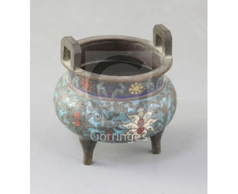 A Chinese cloisonne enamel miniature tripod censer, ding, 19th century, decorated with lotus flowers and scrolling foliage on