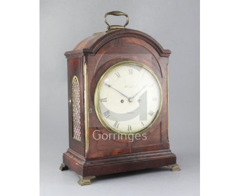 An early 19th century single pad top mahogany table clock, with pull quarter repeat, the 7.75 inch painted dial with Roman nu