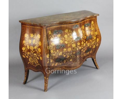 A Dutch rosewood and marquetry bombe commode, fitted three long drawers, W.4ft D.1ft 7in. H.2ft 11in.