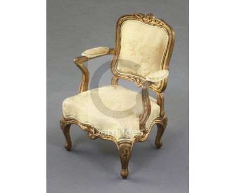 Denis Hillman. A Louis XV style gilt carved wood miniature fauteuil, with cream silk brocade upholstered seat and back, raise