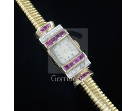 A lady's 1950's? high carat gold, synthetic? ruby and diamond set cocktail watch, with rectangular case and square dial inscr