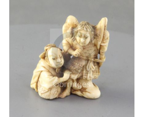 A Japanese ivory netsuke of a Samurai and a priest, signed Shunkosai, 19th century, three character signature, 4.4cm