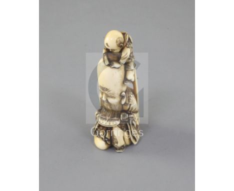 A Japanese ivory netsuke of Fukurokuju and a boy, 19th century, signed Minkoku, the boy at the top of a ladder and resting hi