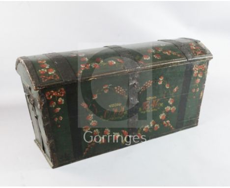 A mid 19th century Scandinavian painted pine domed trunk, initialled O.N.S. and dated 1846, W.4ft 7in