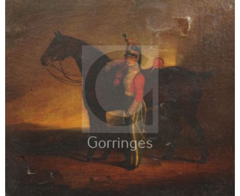 Mid 19th century English Schooloil on canvasPortrait of a cavalry officer standing beside his horse24 x 28in.