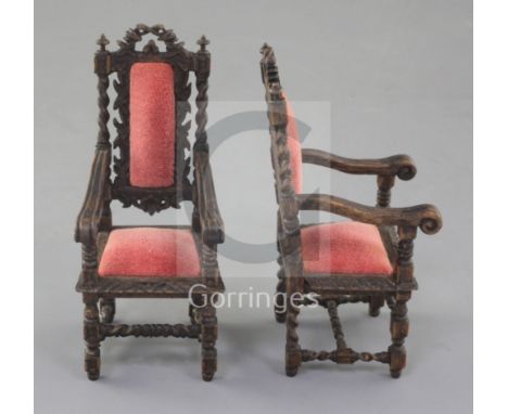 Denis Hillman. A pair of Victorian style Carolean design miniature oak elbow chairs, with turned and spiral twist underframes