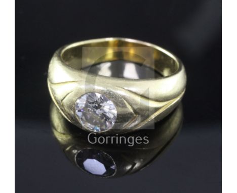 A gentlemen's 18ct yellow gold and gypsy set solitaire diamond ring, the stone weighing 1.18ct, size Q.