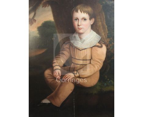Early 19th century English Schooloil on wooden panelFull length portrait of a boy seated in woodland31 x 24in.