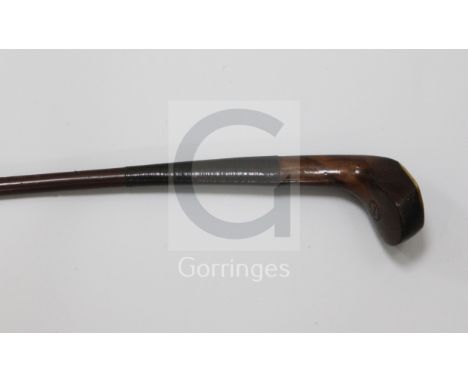 An early 20th century mahogany Sunday stick, the head with lead back weight and bone plate to the foot, stamped G. Forrester,