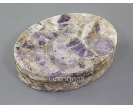 A late 18th/early 19th century amethyst quartz snuff box with three-colour gold overlaid thumbpiece 3.25in.