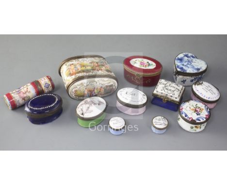 A collection of ten early 19th century and later enamel patch, pill and other boxes and two similar ceramic boxes, largest 2.