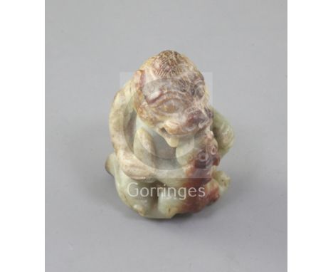 A Chinese greenish-yellow and russet jade group of a bear and cub, Han dynasty or later 4.5cm