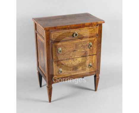 A late 18th century North Italian walnut and pictorial marquetry petit commode, decorated with a farmer and animals in a land