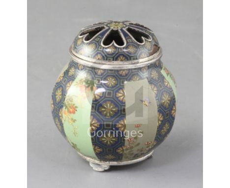 A fine Japanese silver and cloisonné enamel koro and cover by Namikawa Yasuyuki (1845-1927), Meiji period, worked in fine sil