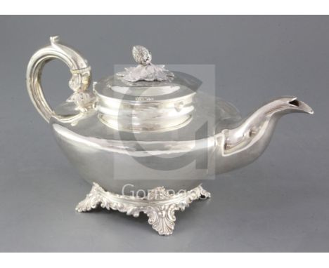 A William IV silver pear shaped teapot by Pearce & Burrows, of squat form, with pineapple finial, on shell scroll feet, Londo