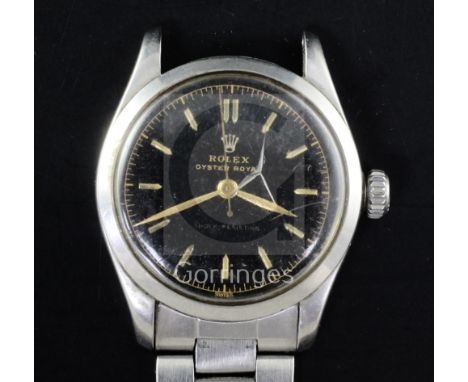 A gentleman's stainless steel Rolex Oyster Royal mid-size manual wind wrist watch, with black dial and baton numerals, model 