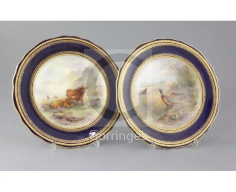 A pair of Royal Worcester cabinet plates, decorated by James Stinton, with Highland cattle and pheasants in landscapes, signe