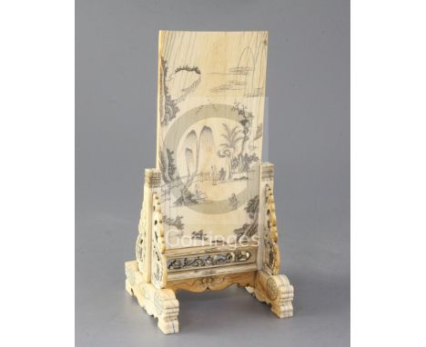 A Chinese ivory ink or table screen, 18th/19th century, the ivory rectangular plaque incised with a sixteen character inscrip