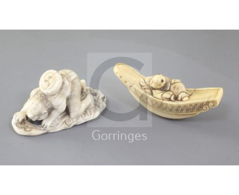 Two Japanese ivory netsuke, 19th century, the first carved as a man recumbent upon a boat, engraved two character signature, 