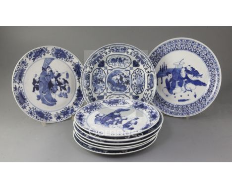Nine Chinese blue and white plates, late 19th century, five painted with immortals within a border of bats, two with an emper