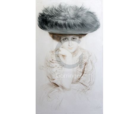 Paul Cesar Helleu (1859-1927)colour drypoint etchingPortrait of a lady wearing an elaborate hatsigned in pencil, blindstamped