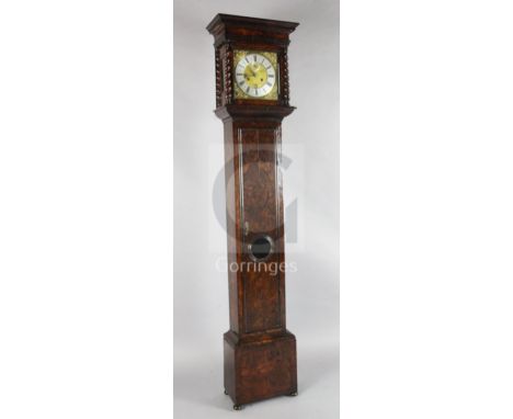 Thomas Wheeler, London. A late 17th century burr elm longcase clock, the 10 inch dial with silvered chapter ring and signed a