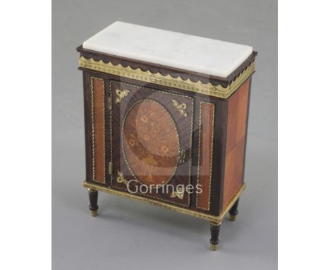 Denis Hillman. A Louis XVI style marquetry inlaid marble topped side cabinet, the white carrara marble top over a shaped ormo