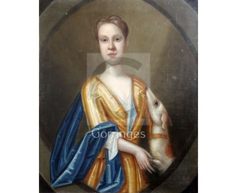 After Sir Godfrey Knelleroil on canvasHalf length portrait of a young man with rearing dog30 x 24.5in.