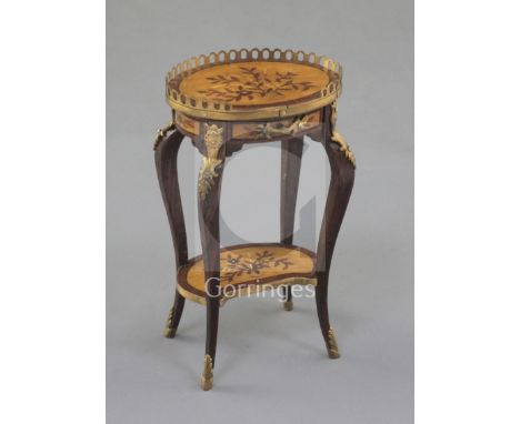 Denis Hillman. A Louis XV style marquetry inlaid miniature two tier etagere, with pierced galleried top over a small drawer, 