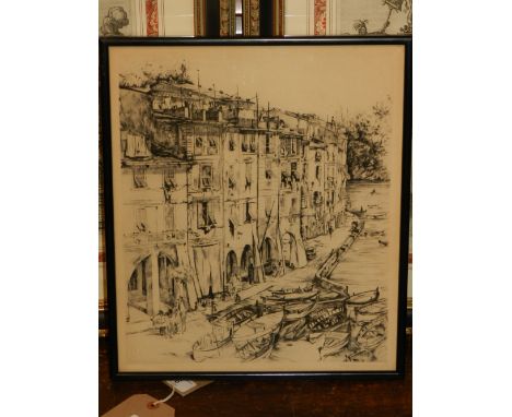 An early 20th century study of a Venetian river scene, etching, indistinctly signed in pencil lower right and dated 1932 H.34
